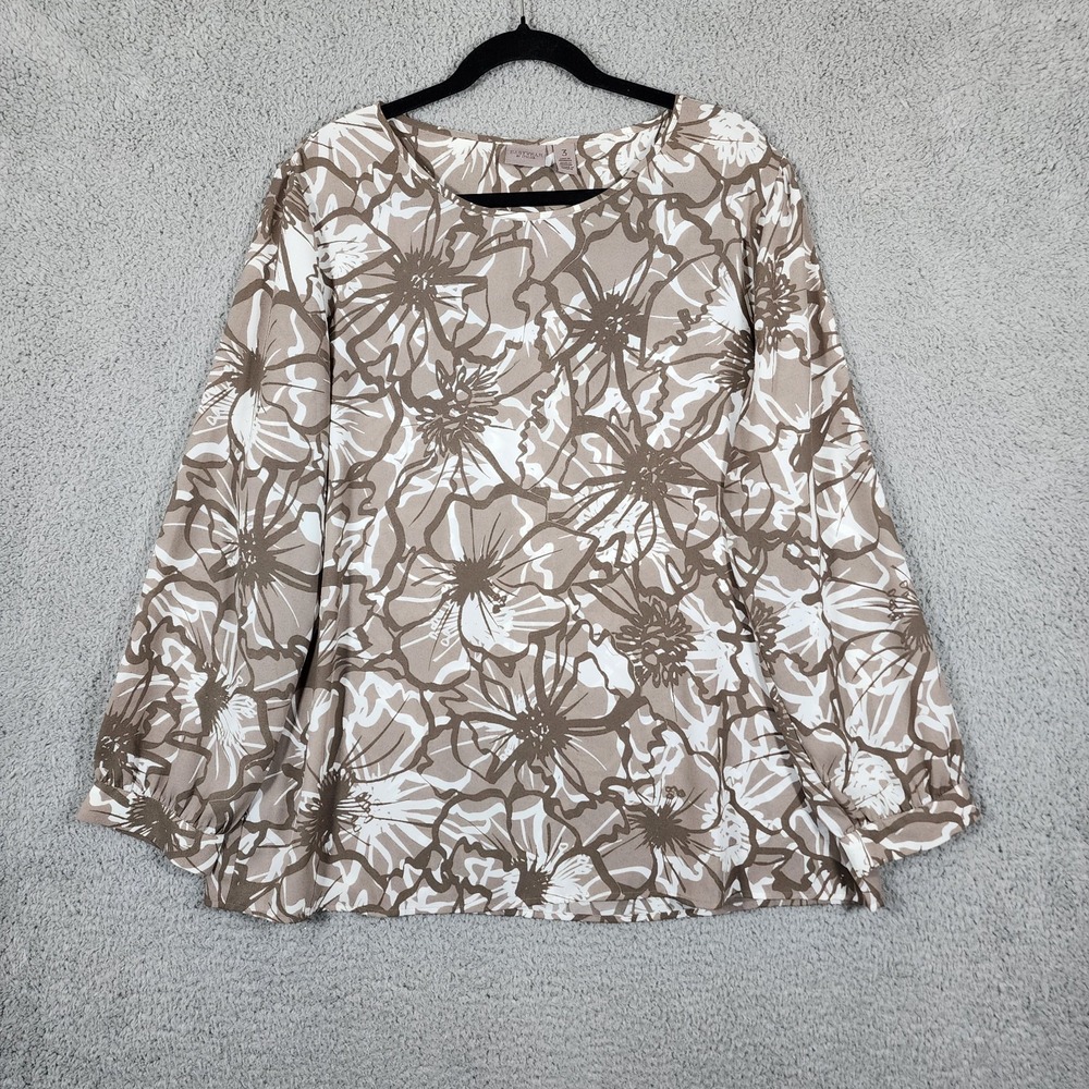 Chico's Easywear Floral Blouse Top Women XL White Brown Long Sleeve Resort Artsy